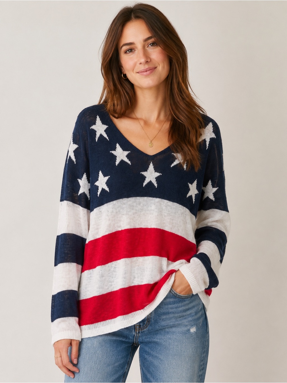 Talbots Navy, White & Red V-Neck Star Stripe Sweater